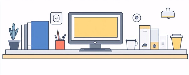Poster - Modern office desk with computer and supplies showing productive workspace