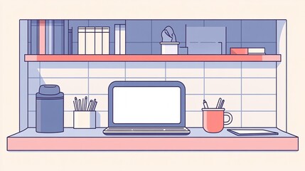 Poster - Modern workspace setup featuring laptop, books, and supplies on shelves