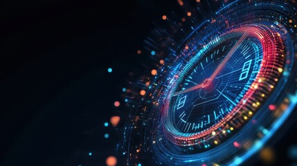 Poster - Clock with blue and red face showing time with hour and minute hands on white background