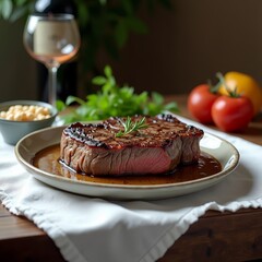 A savory steak dish, expertly cooked to perfection