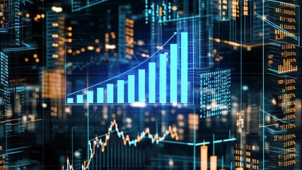 Poster - Visual analytics showcase trends and data in a modern urban setting illuminated at night, emphasizing economic growth and patterns