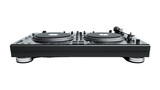 Professional dj turntable playing vinyl record on transparent background