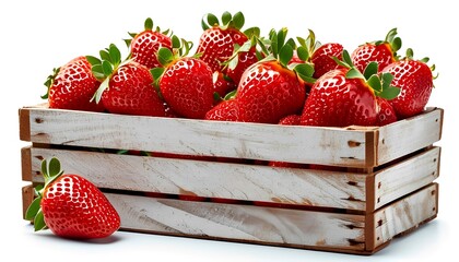 Fresh and juicy strawberries in a rustic wooden crate food photography bright environment close-up view