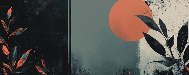 Poster - Orange sun shining over dark and grunge botanical background