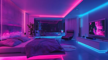 Wall Mural - Vibrant futuristic room with glowing electronics and sleek design elements