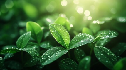 Canvas Print - Close-up of vibrant green leaves with water droplets, showcasing a natural, minimalistic setting with soft lighting