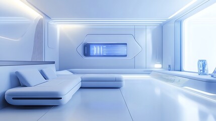 Wall Mural - Minimalist futuristic room showcasing advanced electronics and glowing accents