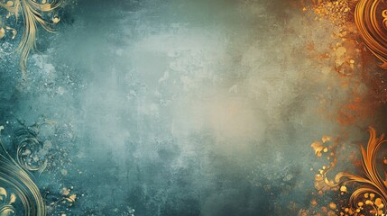 Aufkleber - Elegant gold floral frame on teal and orange grunge background