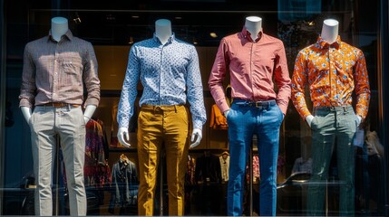 Poster - Five mannequins adorn a retail window, each exhibiting a unique clothing style, reflecting modern fashion trends under bright daylight in a bustling shopping area