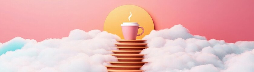 Poster - whimsical staircase made of coffee cups leads to pink cup against sunset backdrop, evoking dreamy atmosphere. businesswoman digital lifestyle