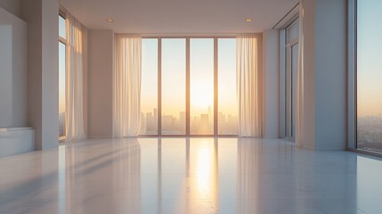 Canvas Print - A minimalistic bathroom featuring expansive windows with sheer curtains, showcasing a sunset view over a city skyline