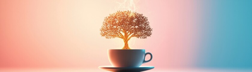 Poster - steaming coffee cup transforms into vibrant tree of life, symbolizing growth and vitality. businesswoman digital lifestyle