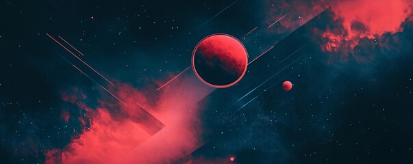 Poster - Red planet and satellite orbiting around a star with nebula and geometric shapes