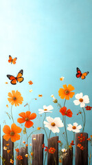 Wall Mural - A vibrant scene of colorful flowers and butterflies against a blue background, evoking a cheerful spring atmosphere.