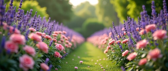 Wall Mural - A vibrant garden blooms with pink and purple flowers, evoking a sense of serenity and natural beauty