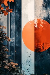 Aufkleber - Orange circle emerging from behind grunge wall with plants