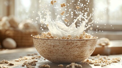 Sticker - A bowl of cereal with milk splashing as it falls, set against a softly lit background with a cozy kitchen atmosphere