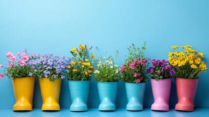 Poster - A row of cheerful rubber boots holds colorful flower pots, showcasing vivid blooms against a bright blue background, creating a joyful and lively atmosphere