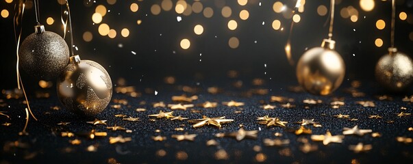 Poster - Golden christmas balls and stars falling on black glitter background