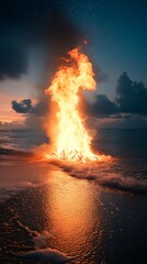 Wall Mural - Fiery bonfire on beach at sunset.