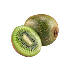 Wall Mural - Kiwi Fruit Freshness: A close-up studio shot presents a whole kiwi fruit alongside a cross-section, showcasing the vibrant green flesh and edible seeds.