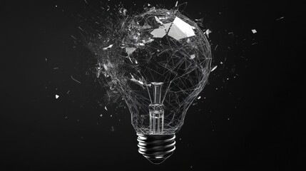 Poster - Light bulb with shattered glass pieces scattered around on a white background