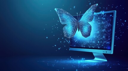 Aufkleber - Computer screen displaying colorful butterfly sitting on the monitor displayed with bright colors