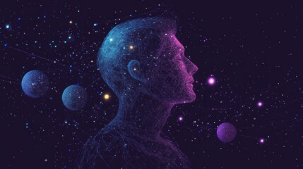 Aufkleber - Mans head silhouette with a cosmic network of planets and stars in the background