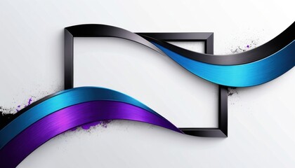 Poster - Abstract background with metallic flowing blue and purple curves and a black frame 3D render