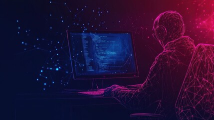  - Man sitting at a computer with red and blue background in a modern workspace setting
