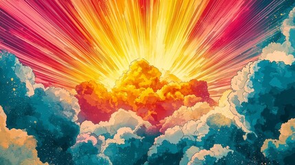 Poster - Bursting colors radiate from a central cloud formation, casting an otherworldly glow in the sky. The explosive display captures the imagination, reminiscent of comic book artistry