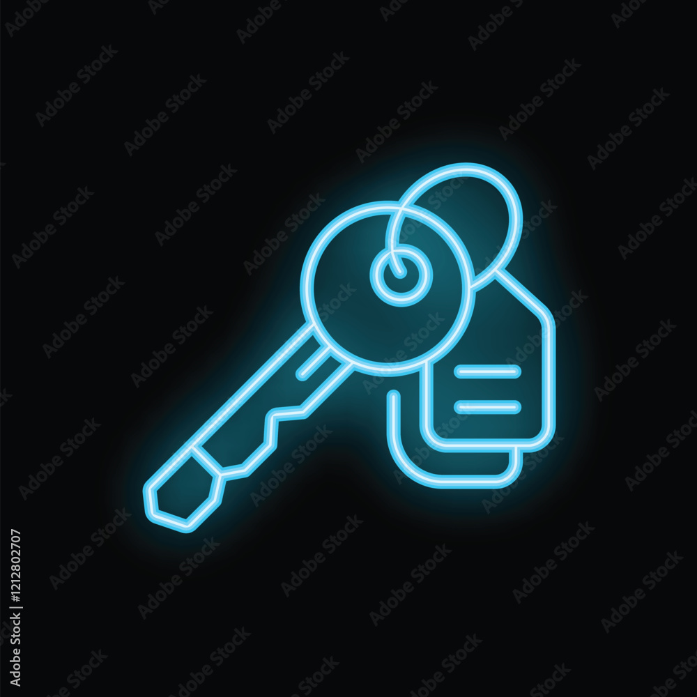 Neon sign of a key with a tag glowing blue on a black background