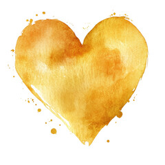 Poster - An abstract image featuring a golden heart shape created with watercolor paint and splatters on a white background with black accents.