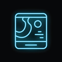 Poster - blue neon icon of a smartphone displaying a gps app with a map and a location pin, isolated on a bla