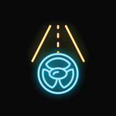 Wall Mural - Blue and yellow neon sign showing a steering wheel driving over radioactive material on a road