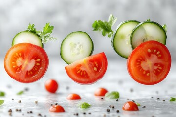 Canvas Print - Fresh sliced tomatoes and cucumbers levitate against a grey background, creating a vibrant and appetizing image perfect for food blogs, cookbooks, or healthy eating campaigns.