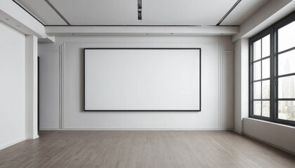 Poster - Minimalist Room with Large Blank Frame and Windows Offering City Views  Space for Design