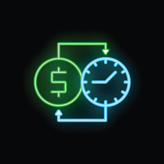 Poster - neon sign illustrating the concept of time being money with glowing light on a dark background