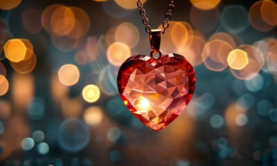 Poster - Heart-shaped crystal pendant shines elegantly with colorful bokeh background and water droplets