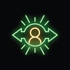 Poster - Bright green neon sign of a person with two arrows pointing in opposite directions, representing decision making
