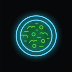 Wall Mural - Neon icon of petri dish with bacteria growing in it on black background