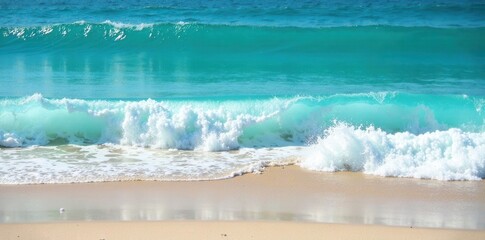 Wall Mural - vibrant turquoise ocean, whitecap waves crash on shore, photo, sparkling