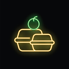 Sticker - Neon sign representing two lunch boxes for food delivery with an apple on top, ideal for healthy food concepts