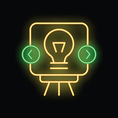 Poster - Neon sign depicting a light bulb on a projection screen, with left and right arrows, symbolizing idea generation and brainstorming