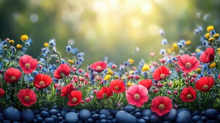 Wall Mural - Vibrant flower garden with colorful blooms and smooth stones under soft sunlight in nature