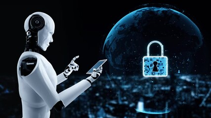 Poster - ai robot huminoid uses cloud computing technology to store data on online server . futuristic concep