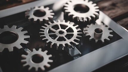 Poster - Tablet with multiple gears placed on its screen showcasing technology and engineering concepts