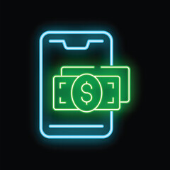 Poster - neon icon of a smartphone is receiving money transfers digitally