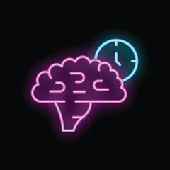 Poster - neon sign of a brain with a clock, representing the concept of working late and brainstorming new id
