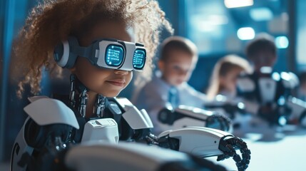 Aufkleber - multicultural happy diverse schoolchildren learning using gadgets and building robots on software ro